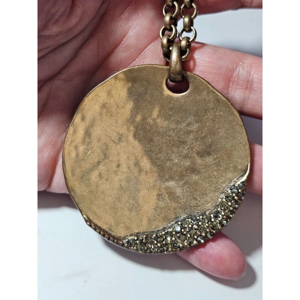 Gold tone long chunky necklace 38" clear rhinestones